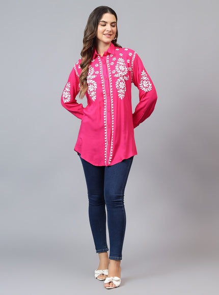 Librose Lucknowi Chikankari Indowestern look modal shirt for women