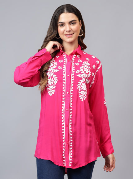 Librose Lucknowi Chikankari Indowestern look modal shirt for women