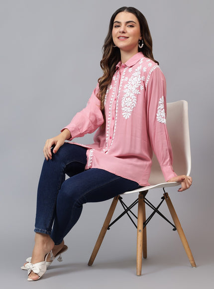 Librose Lucknowi Chikankari Indowestern look modal shirt for women