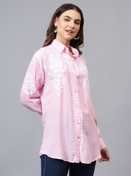 Librose Lucknowi Chikankari Indowestern look modal shirt for women