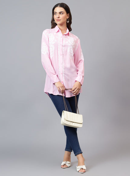 Librose Lucknowi Chikankari Indowestern look modal shirt for women