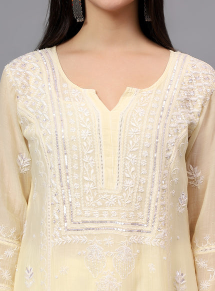 Pure Mal Chanderi Kurta embroidered  with lucknowi chikankari and beautiful Dardozi embellishment.