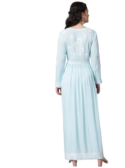Librose Sea Blue reyon heavy chikankari work gown| Lucknowi craft| Reyon Fabric