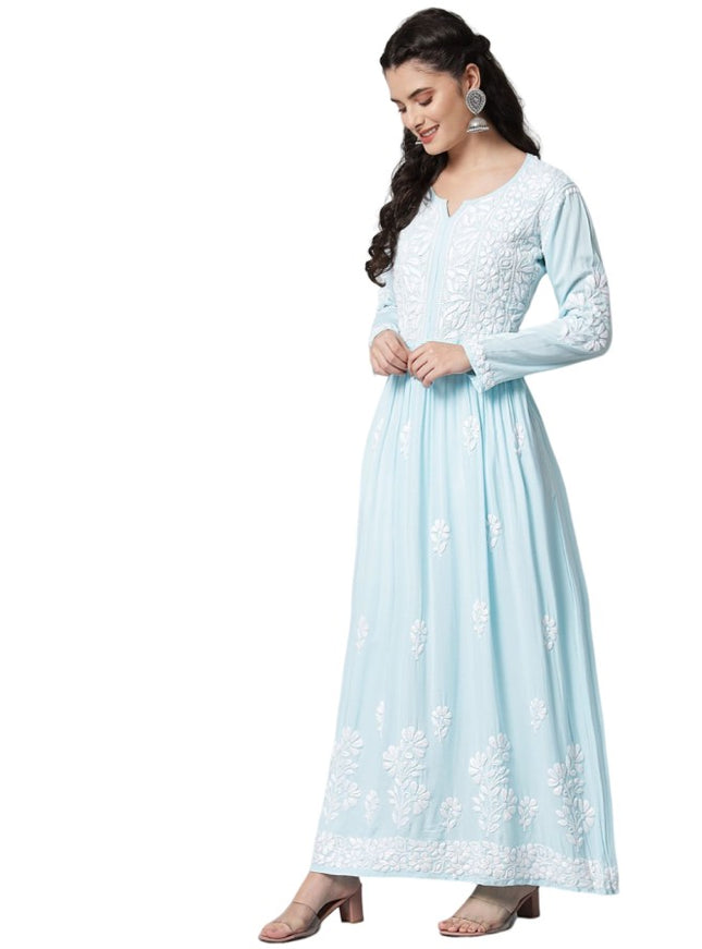 Librose Sea Blue reyon heavy chikankari work gown| Lucknowi craft| Reyon Fabric