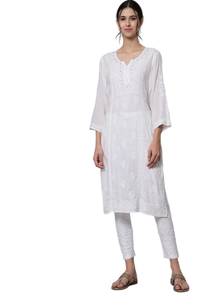 LIBROSE Pure Modal Royal White Lucknowi Chikan Floral Pattern Kurti with Mukaish (Fardi, Kamdani)