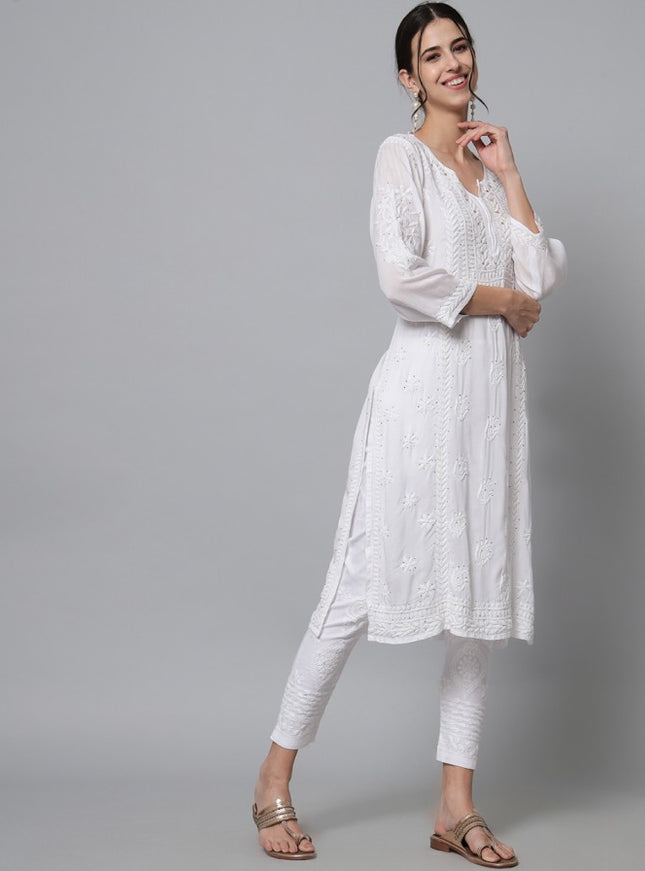 LIBROSE Pure Modal Royal White Lucknowi Chikan Floral Pattern Kurti with Mukaish (Fardi, Kamdani)