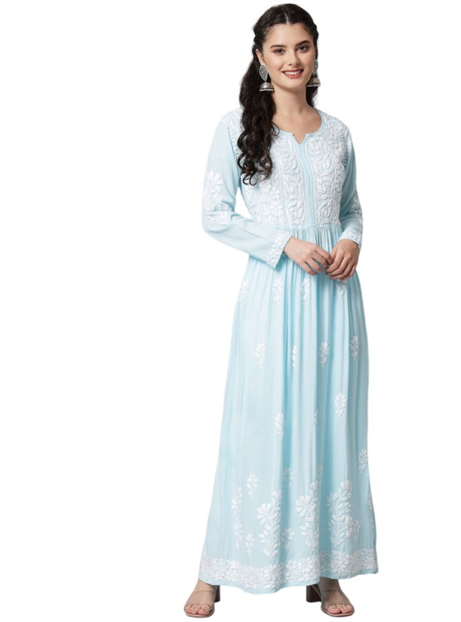 Librose Sea Blue reyon heavy chikankari work gown| Lucknowi craft| Reyon Fabric