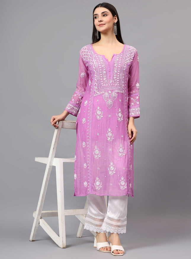 Pure Mal Chanderi Kurta embroidered  with lucknowi chikankari and beautiful Dardozi embellishment.