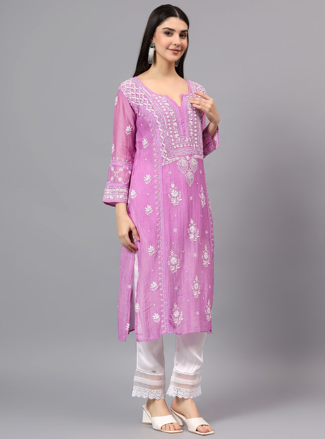 Pure Mal Chanderi Kurta embroidered  with lucknowi chikankari and beautiful Dardozi embellishment.